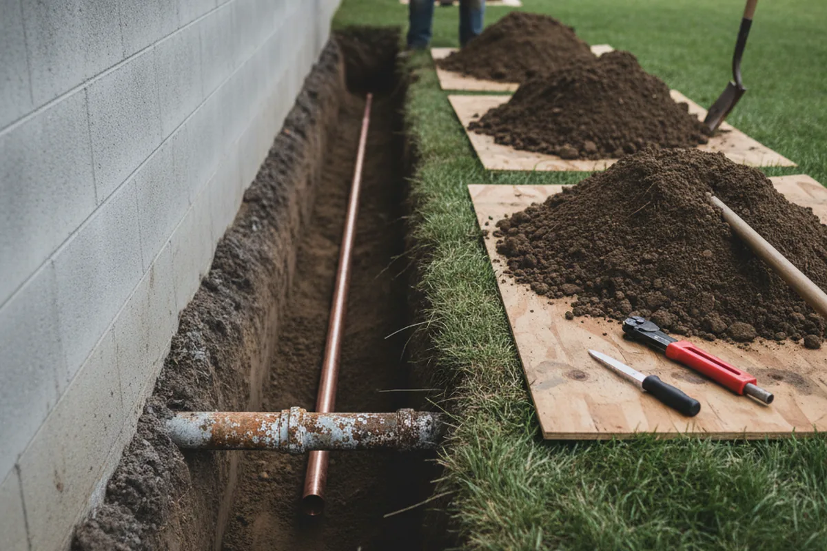 Excavated water line trench during Water Softener Installation in Maramec
